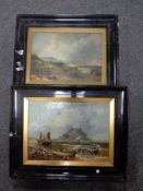 A pair of antiquarian oil paintings on canvas, boats on a shoreline with coast beyond,