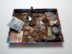 A box of Georgian and later copper coins, bank notes, wristwatches,