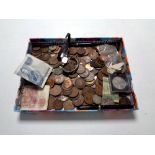 A box of Georgian and later copper coins, bank notes, wristwatches,