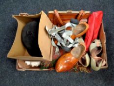 A box of linen, vintage shoes, riding hat, lady's hand bags,