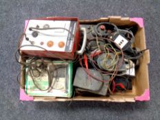 A box of vintage electronics, Crypto flasher system tester, Bakelite AVO meter,