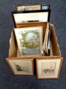 A box containing a quantity of framed and unframed antiquarian and later prints to include signed