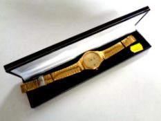 A gent's Longines gold plated quartz wristwatch in box
