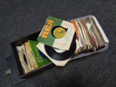 A crate and a box containing vinyl 45's to include children's music, David Saul, The Goodies,