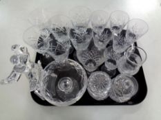 A tray containing assorted glassware to include wine glasses, lead crystal water jug,