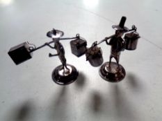 Two Chinese silver place card holders in the form of figures carrying baskets