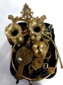 A tray of assorted brass, hunting horn, pair of eastern brass vases, horse brasses,