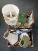 Two boxes containing miscellaneous to include glass trinket sets, table lamps, tea ware, prints,