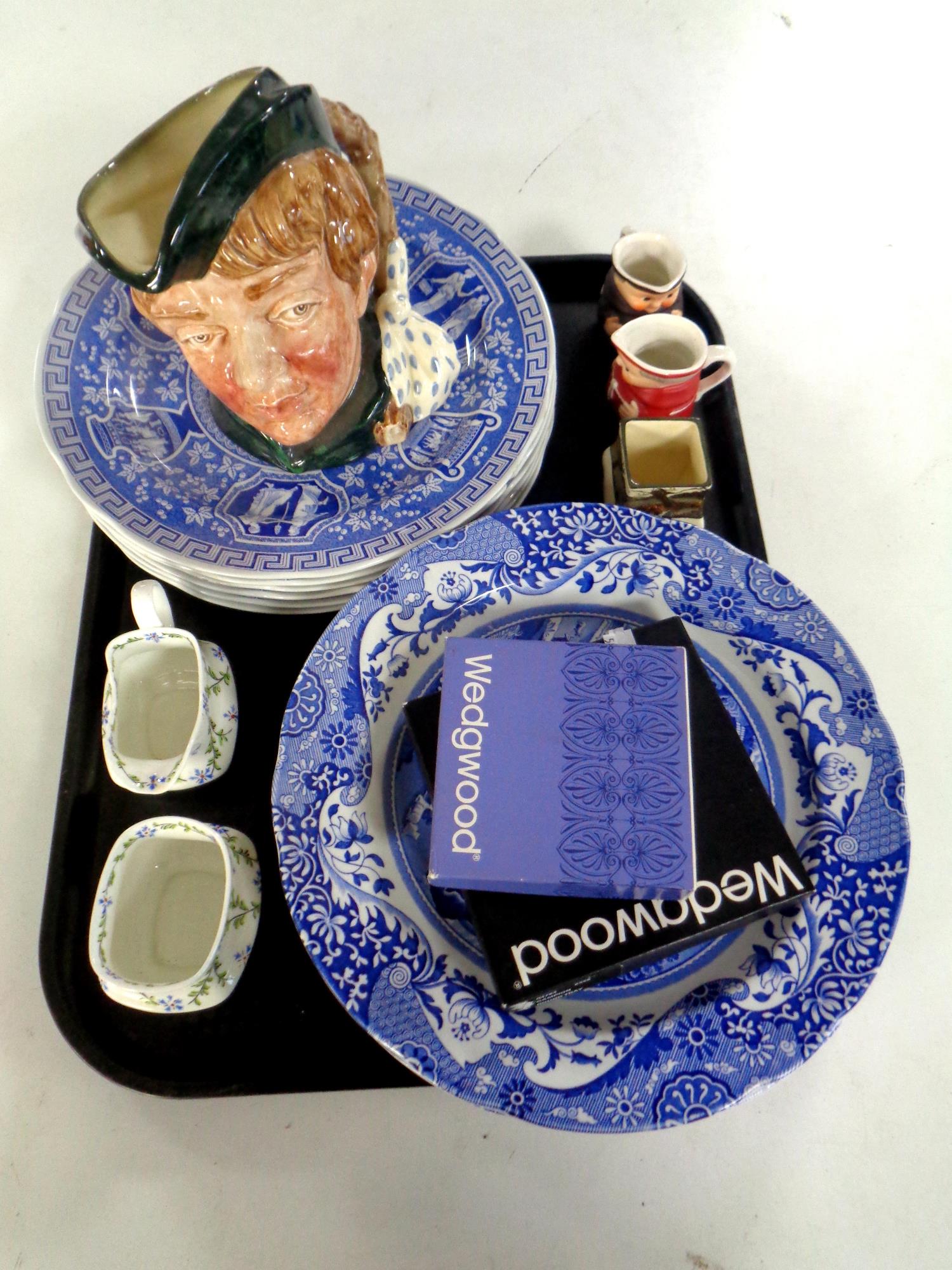 A tray containing assorted ceramics to include boxed Wedgwood dishes, Copeland Spode plates,