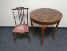 A circular mahogany occasional/card table together with a tapestry seated bedroom chair