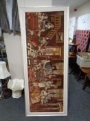 A large framed woolwork panel depicting figures in 18th century dress beside a fireplace,