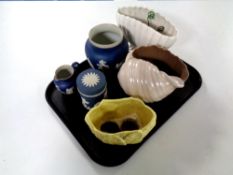 A tray containing three pieces of Wedgwood and Adams Jasperware together with three Sylvac pottery