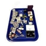 A tray containing costume jewellery, EPNS belt and nurses buckles, cigar cutter, vesta case,