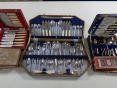 Seven assorted boxes and canteens containing stainless steel and plated cutlery