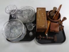 Two trays containing assorted glassware, wooden pieces, cigarette box,