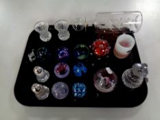 A tray containing assorted cut glass vases, salt and pepper pots, perfume bottle,