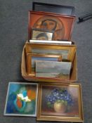 A box containing a quantity of continental school pictures and prints, oil on canvas, coastal scene,