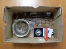 A box containing a quantity of Victorian and Georgian copper pennies and half pennies, plated wares,