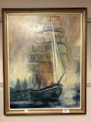 J Hare : The Tall Ships at Leith, oil on board,