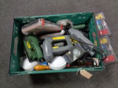 A box of power tools, hand tools, hardware to include electric staple gun, sander,