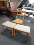 An oak kitchen chair together with two upholstered dressing table stools