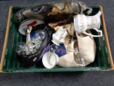 A crate containing silver plated tray, wooden clogs,