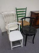 Four antique and later painted kitchen and children's chairs