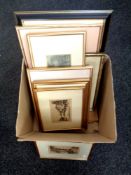 A box containing eight antiquarian framed prints and watercolours to include L Lewis watercolour,