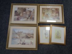 Three gilt framed William Russell Flint prints together with two further duck prints