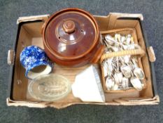 A box of plated cutlery, blue and white salt pot, two vintage jelly moulds,