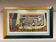 20th century school, Woman in fish tank with fish observing, colour lithograph.