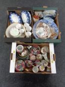 Three boxes of ceramics, Victorian blue and white wash bowl, blue and white tureens,