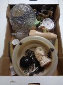 A box containing miscellaneous glass and ceramics to include Art Deco light shade, perfume bottle,