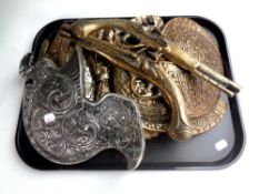 A tray of cast metal and brass ornamental gauntlets,