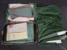 Two boxes containing a quantity of assorted curtains to include green velvet fully lined curtains