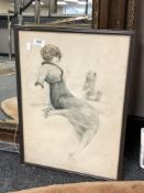 20th century school : Lady commanding a terrier, hand coloured etching,