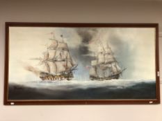 P J Wintrip (20th century) Battleships at full sail, oil on canvas, 121cm by 60cm, signed.