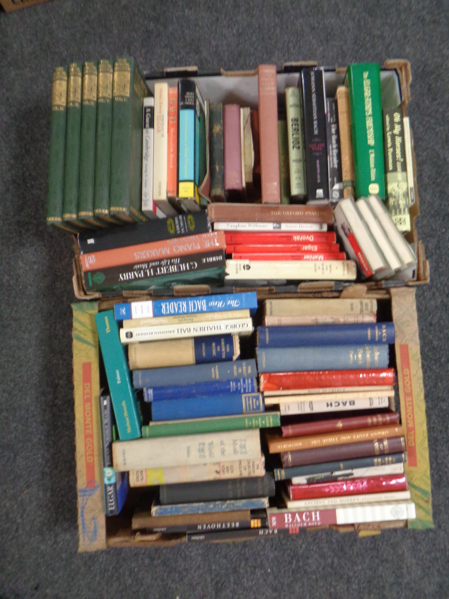 Two boxes containing 20th century hardback volumes relating to music