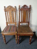 Two early 20th century carved oak barley twist hall chairs