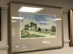 20th century school : Farm buildings by a dry stone wall, watercolour,