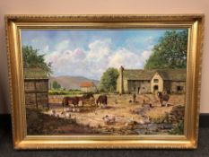 Ray Smith (Contemporary) Farmyard scene with horses feeding, oil on canvas laid to board,
