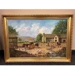 Ray Smith (Contemporary) Farmyard scene with horses feeding, oil on canvas laid to board,