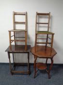 A pair of Edwardian bedroom chairs together with a hexagonal occasional table and a barley twist
