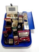 A tray of boxed costume and silver jewellery, lady's wrist watch, cuff links,