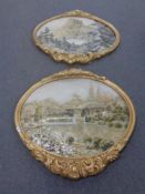 A pair of gilt framed mother of pearl collage pictures depicting Japanese landscapes (2)