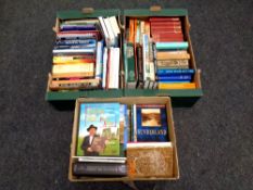 Three boxes of twentieth century and later hard backed and paper backed books, Penguin novels, war,