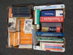 Two boxes containing hardback and paperback books, reference, dictionary,
