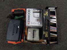 Two boxes containing vintage projector, power tools, boxed Kenwood toaster, briefcase,