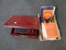 A retro style music centre together with a box containing sheet music and Phillips wireless