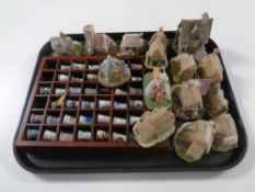A tray containing assorted cottage ornaments to include Lilliput Lane together with a wooden